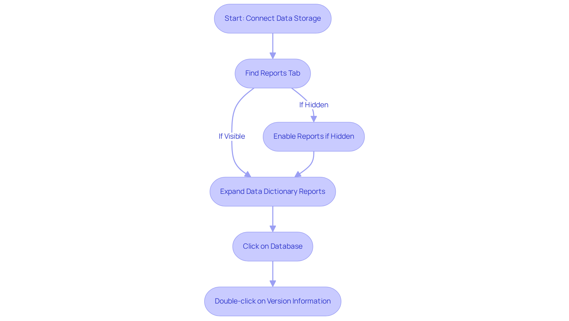 Each box represents a step in the process. Follow the arrows to see what to do next, starting from connecting your data storage to accessing the version information. Each box represents a step in the process. Follow the arrows to see what to do next, starting from connecting your data storage to accessing the version information.