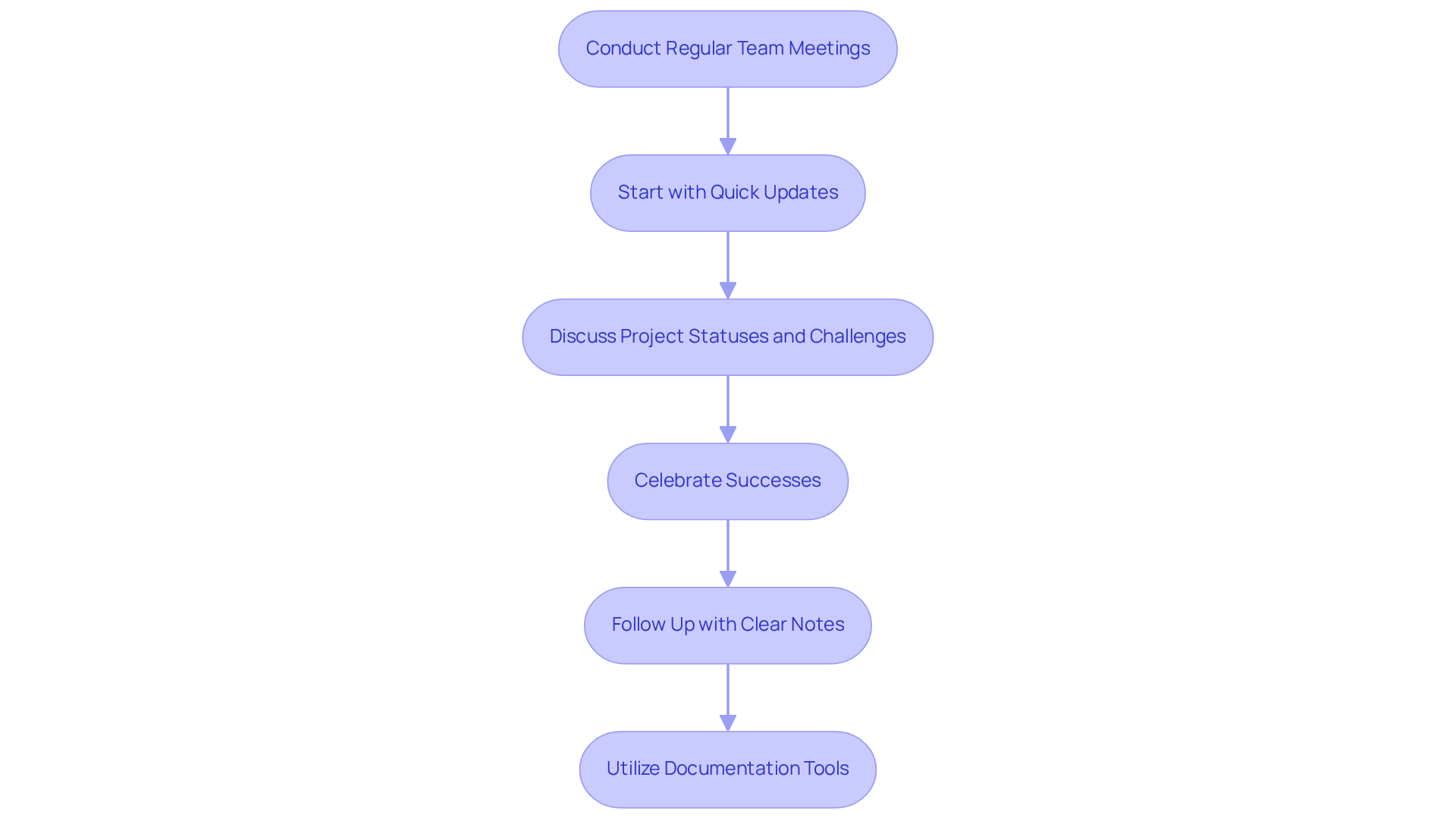 Each box represents a step in the meeting process. Follow the arrows to see how to keep your team aligned and motivated through structured discussions and follow-ups.