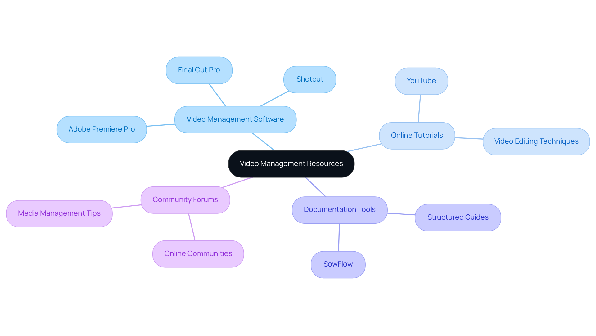 The center shows the main topic, and the branches represent different types of resources. Each sub-branch lists specific tools or platforms that can help you improve your video management skills.