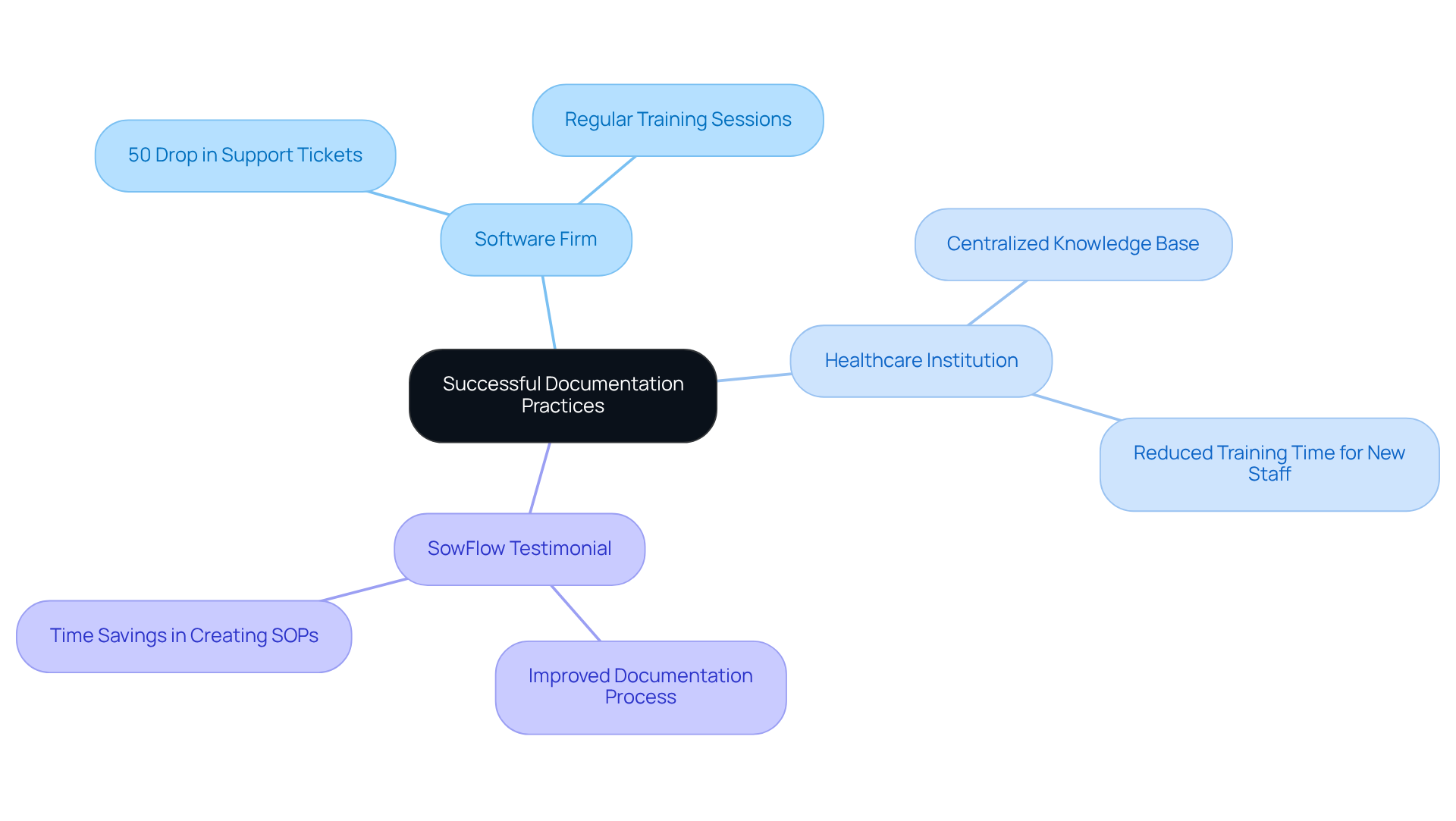 The central node represents the main topic, while each branch shows a different example of successful documentation. Follow the branches to see the specific benefits each organization experienced.