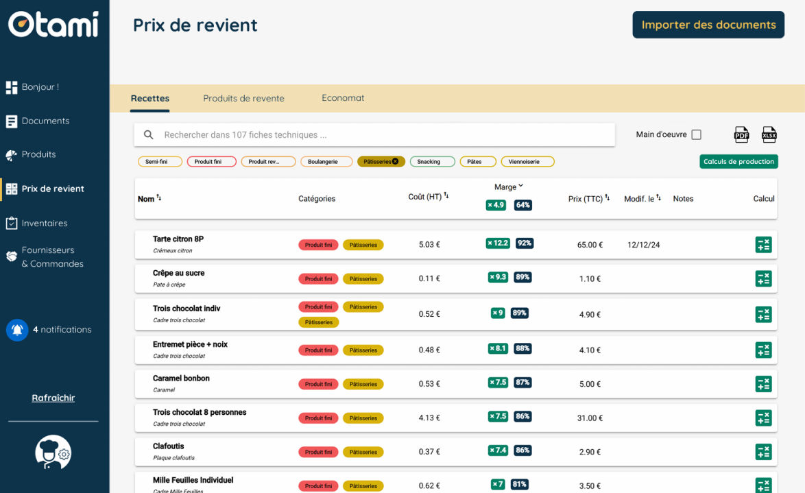 Fonctionnalité analyse prix de revient boulangerie