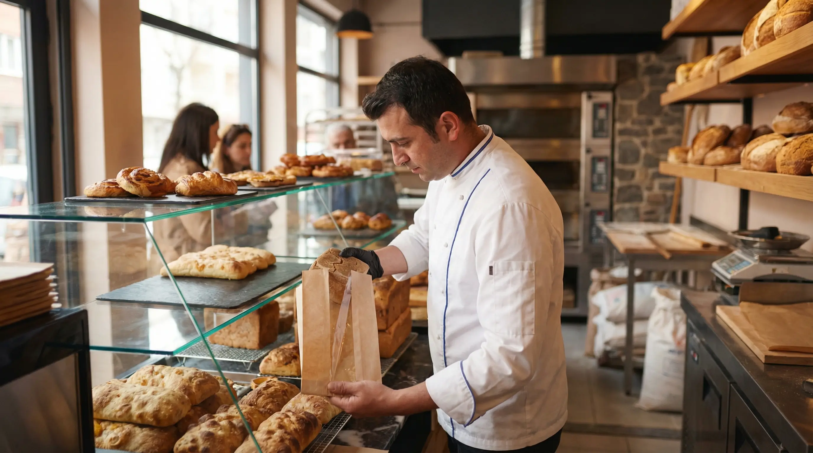 Boulanger réalisant un contrôle de stock et préparant ses produits en vitrine dans une boulangerie-pâtisserie