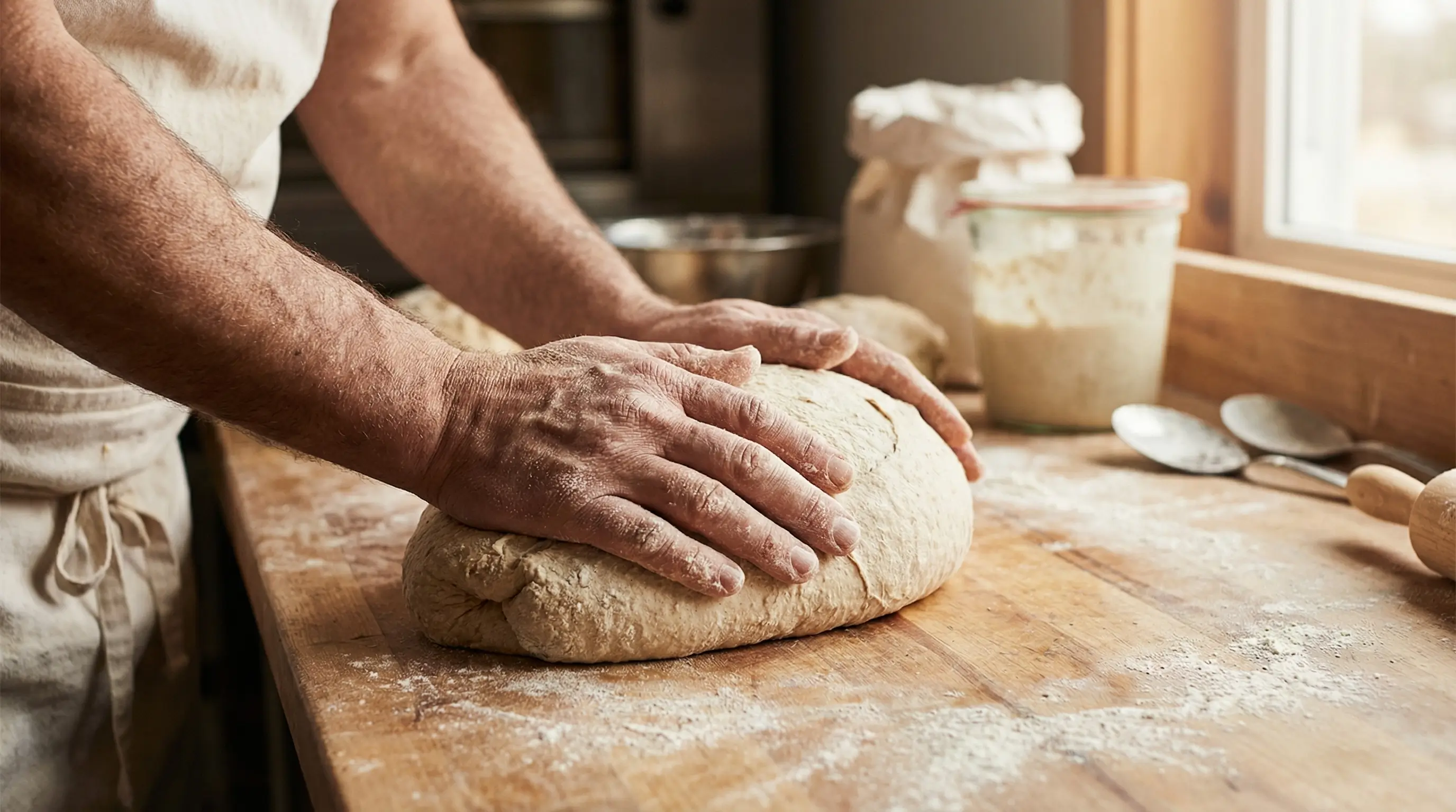 Boulanger pétrissant la pâte illustrant la gestion des matières premières et des stocks en boulangerie-pâtisserie