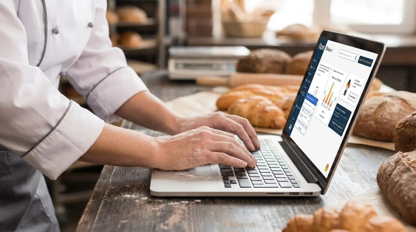 Artisan boulanger utilisant un ordinateur portable pour piloter la rentabilité et les performances de sa boulangerie