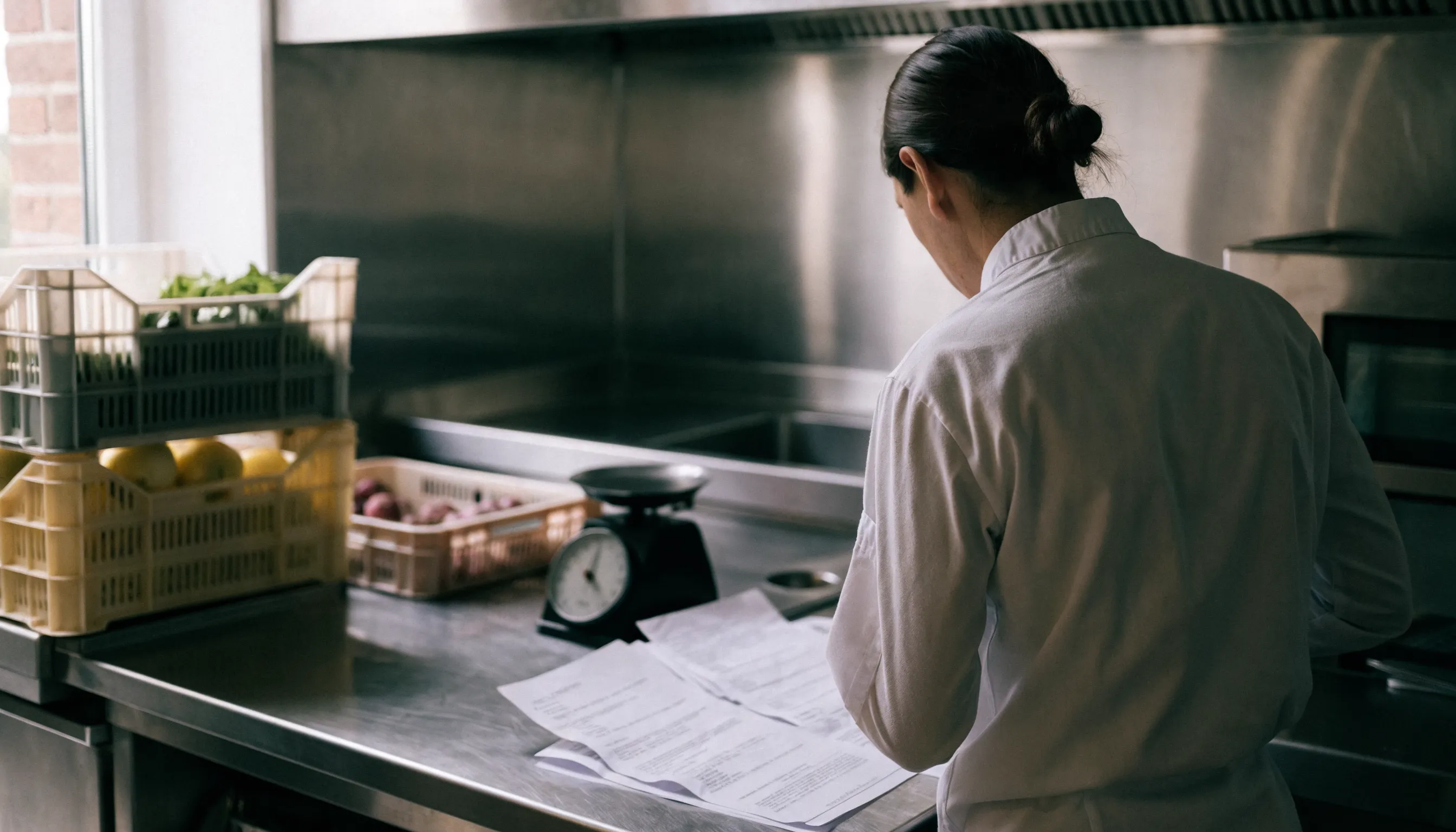 Chef en veste blanche consultant ses bons de livraison sur un plan de travail inox, entouré de cagettes de légumes frais, dans la cuisine d'un restaurant