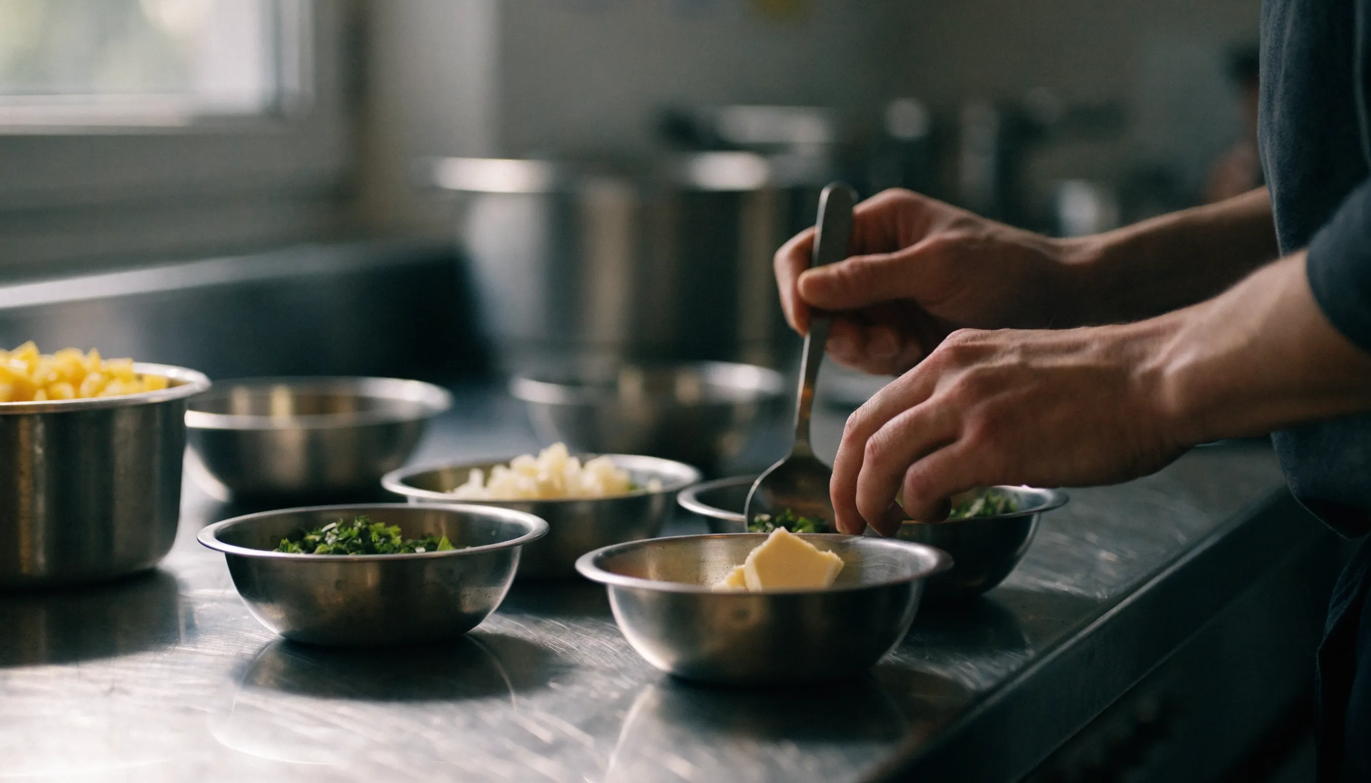 Mains d'un cuisinier répartissant des ingrédients pesés dans des bols inox lors de la mise en place, illustrant le calcul du coût matière par recette