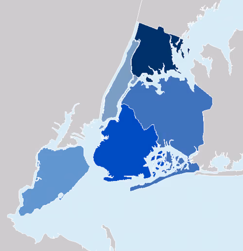 Map showing the five boroughs of New York City color coded