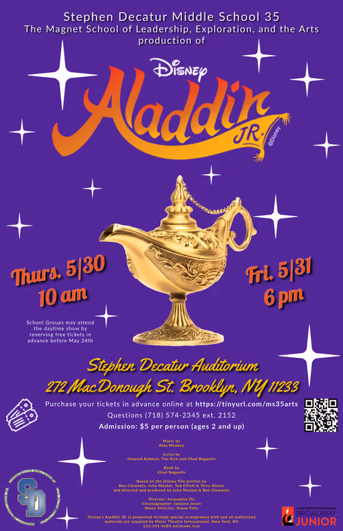 Flyer for MS35 Disney Aladdin Jr performances May 30 and 31