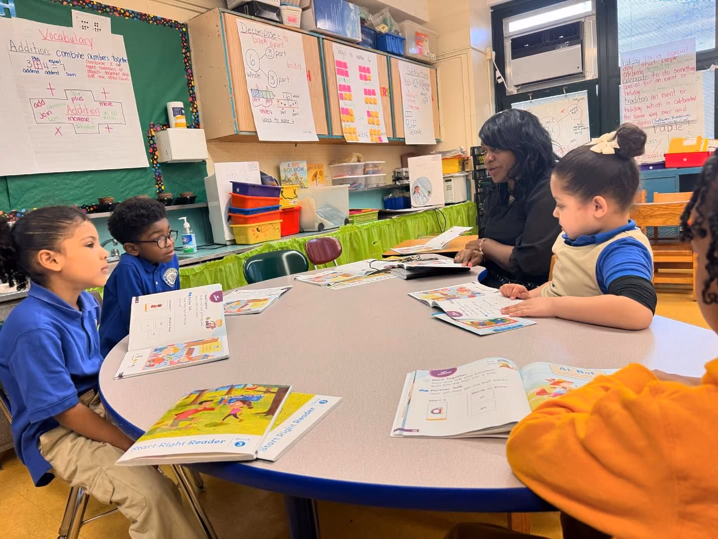 Teacher leading small group reading lesson with elementary students