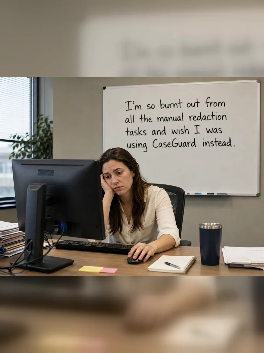 A tired office worker facing manual redaction tasks, followed by a CaseGuard-assisted workflow.