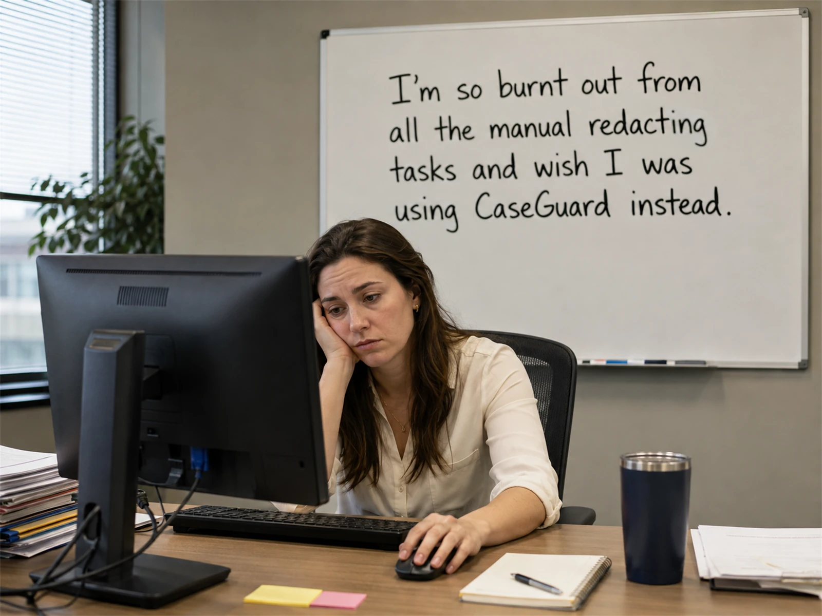 Burnt out case worker wishing she was using CaseGuard instead of manual redaction