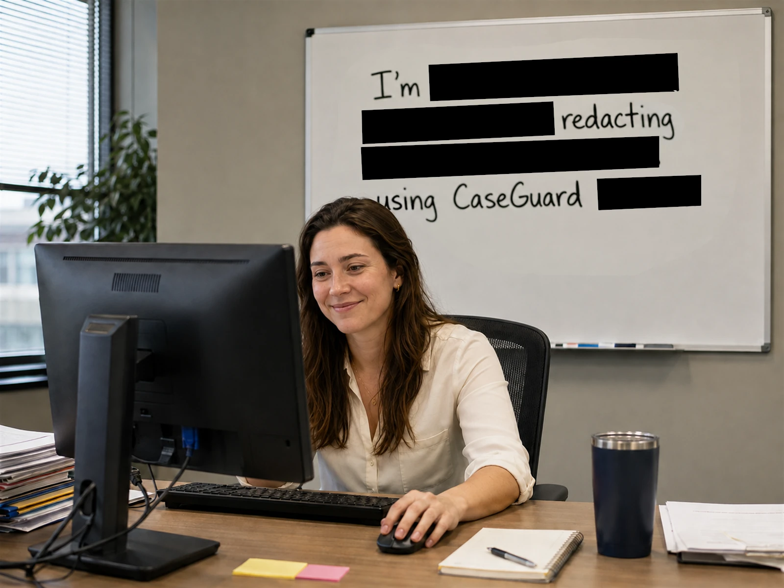 Smiling case worker redacting documents quickly and easily with CaseGuard