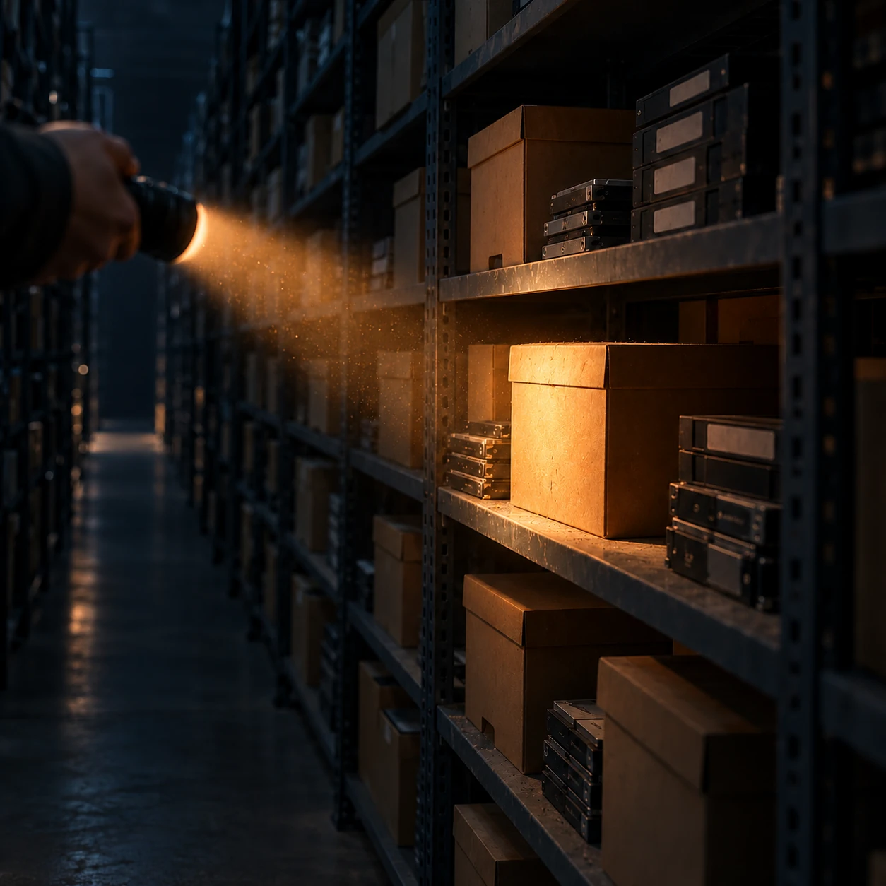 Torch beam picking out a single box among rows of archive shelving