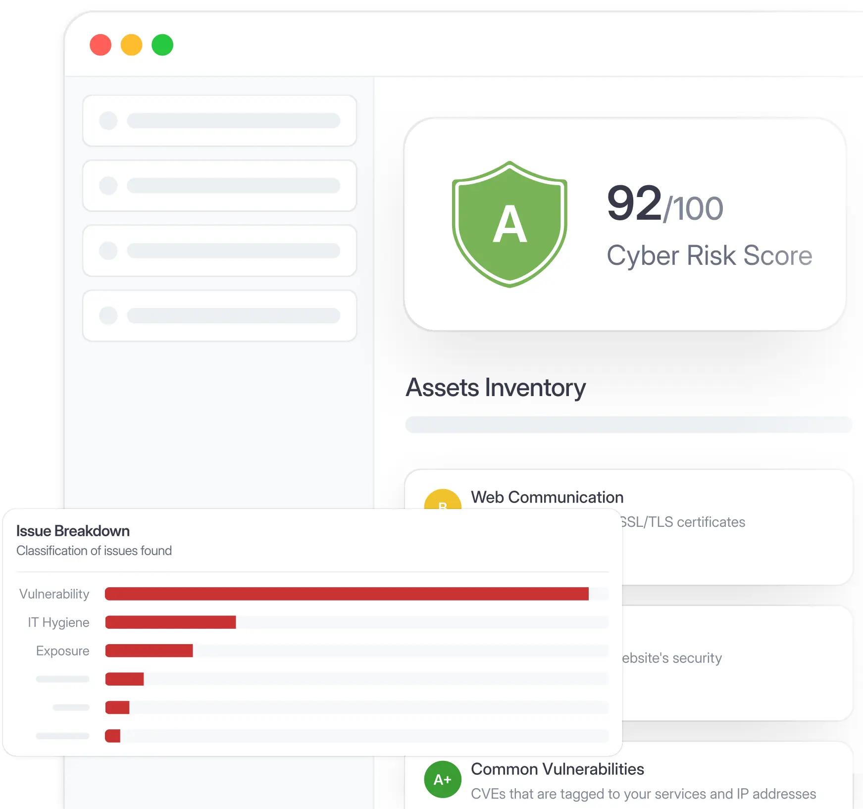 CTM360 HackerView security posture dashboard displaying an organization's overall cyber risk score of 92 with a bar chart breakdown of vulnerability metrics