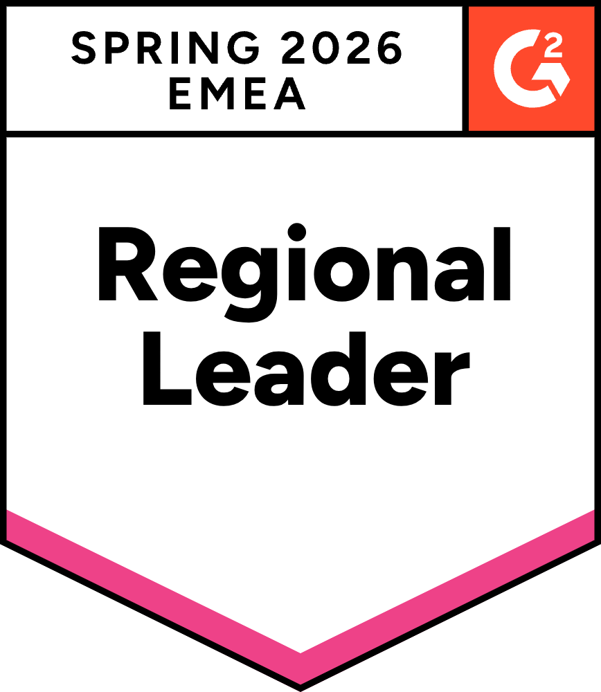 G2 badge for Spring 2026 EMEA Regional Leader with a pink border detail.