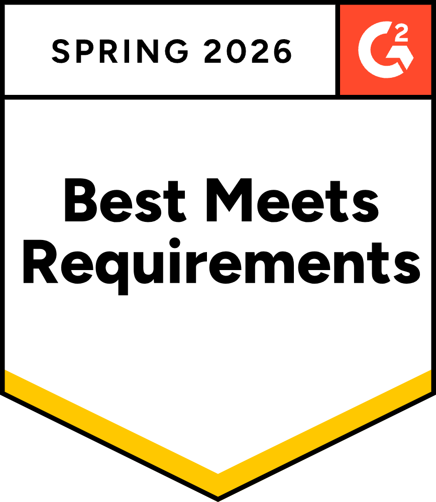 Badge reading Spring 2026 Best Meets Requirements with G2 logo.