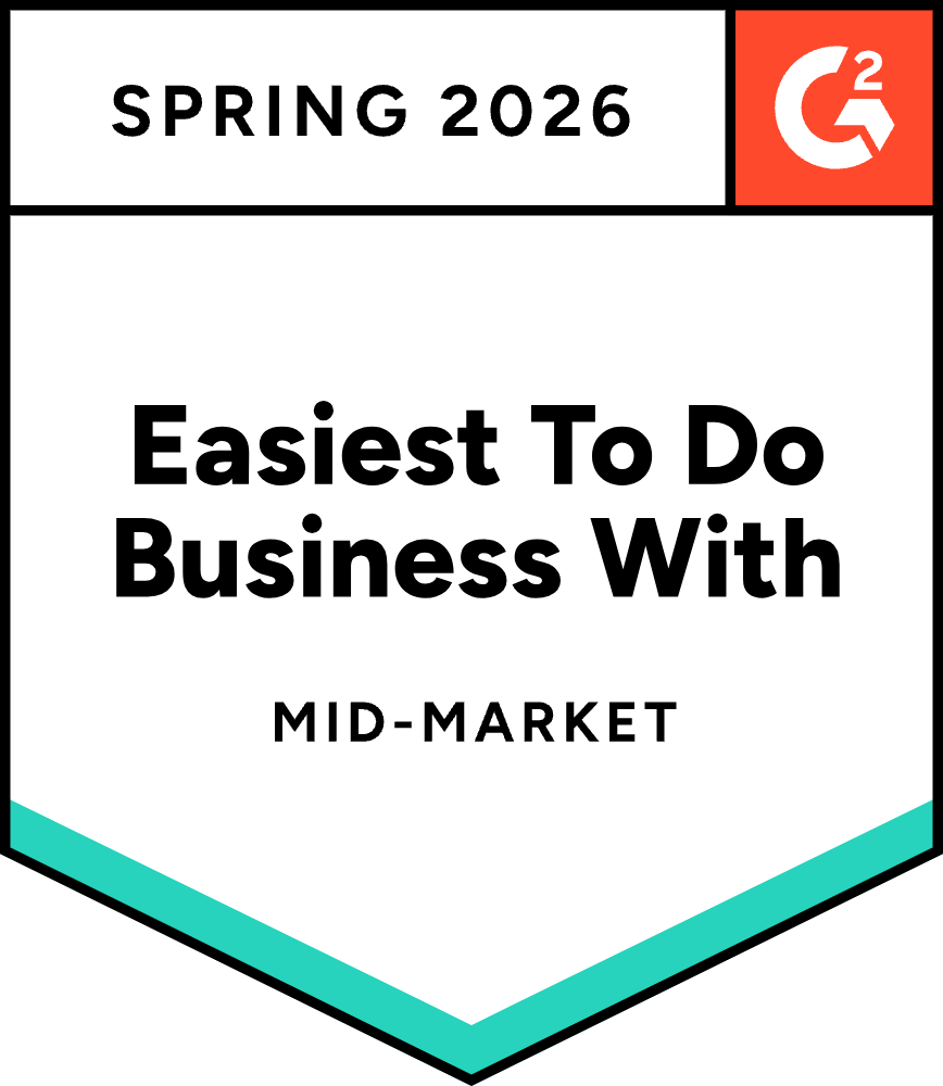 G2 Spring 2026 badge for Easiest To Do Business With in Mid-Market category.