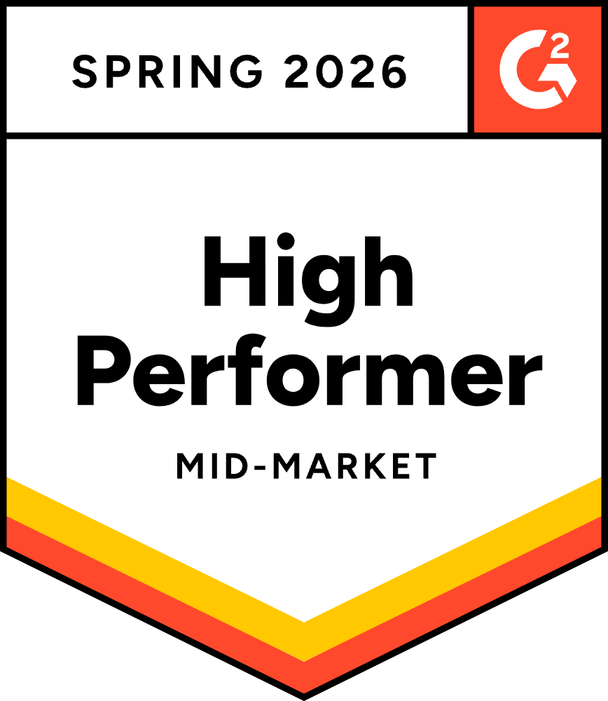 G2 badge showing High Performer Mid-Market for Fall 2025.