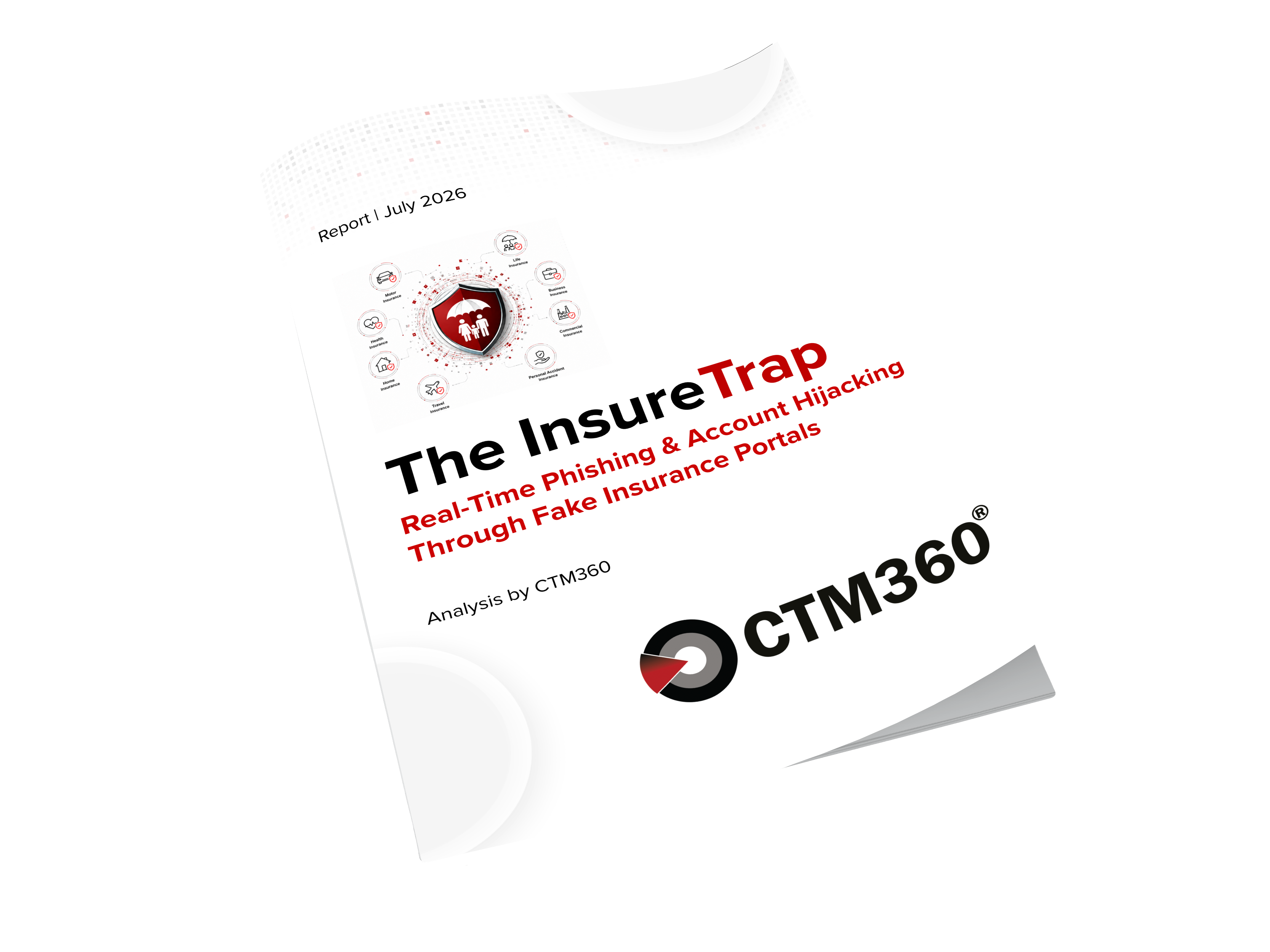 Technical illustration of The InsureTrap phishing campaign showing fake insurance portals, the InsureOTP Kit, credential harvesting, Telegram bot integration, OTP interception, and account takeover workflow
