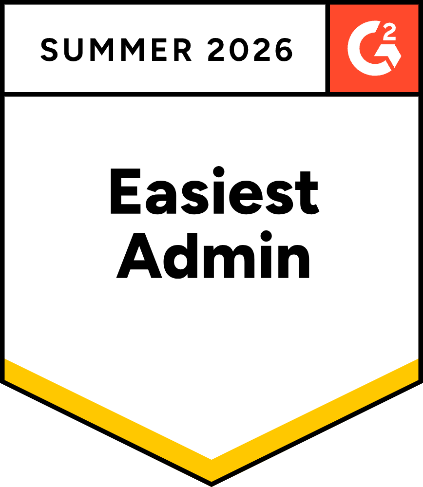 Badge reading Summer 2026 with G2 logo and the text 'Easiest Admin'.