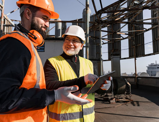 Construction manager and workers using geofencing technology to track time and manage attendance on a job site