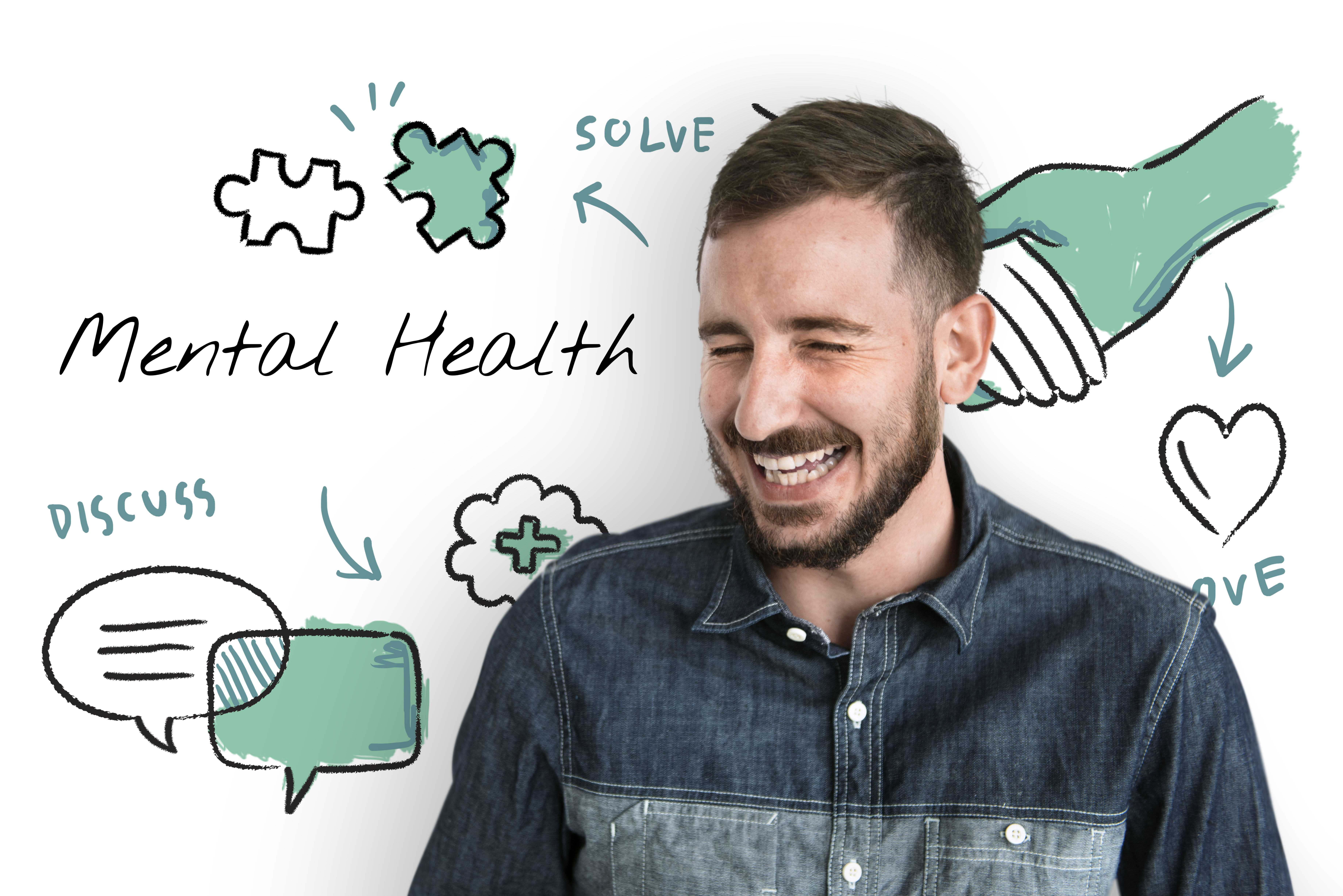 A man laughing in front of a chalkboard filled with mental health improvement strategies.