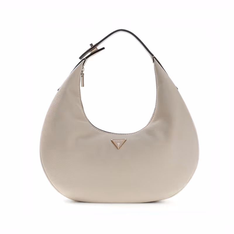 Minimalist studio shot of an off-white hobo shoulder bag with a gold triangular logo on a plain white background.