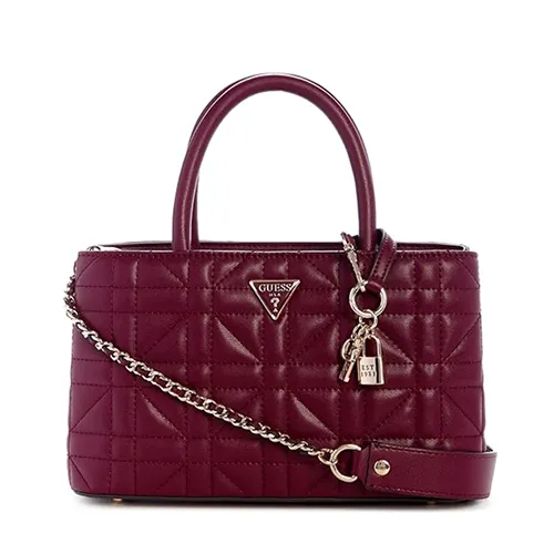 Maroon quilted Guess handbag with a top handle and gold padlock charm.