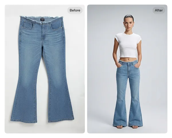 Blue flared jeans shown before as a flat product photo and after styled on a model