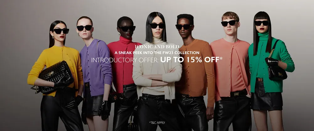 Fashion campaign banner with models wearing colorful cardigans, sunglasses, and black leather bottoms