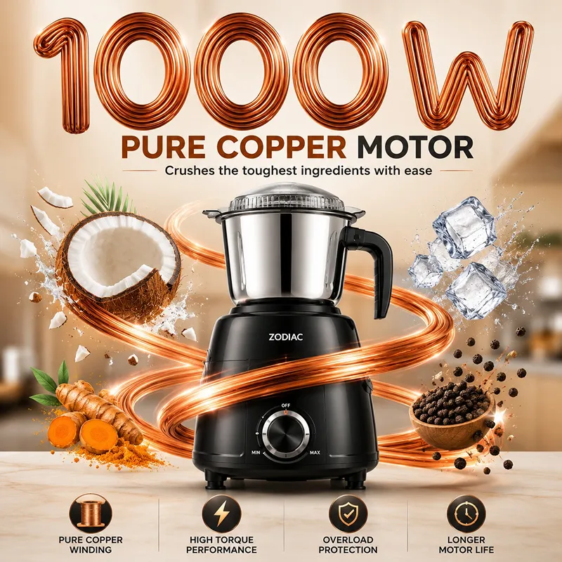 Mixer grinder advertisement highlighting powerful copper motor with coconut, turmeric, ice, and peppercorns