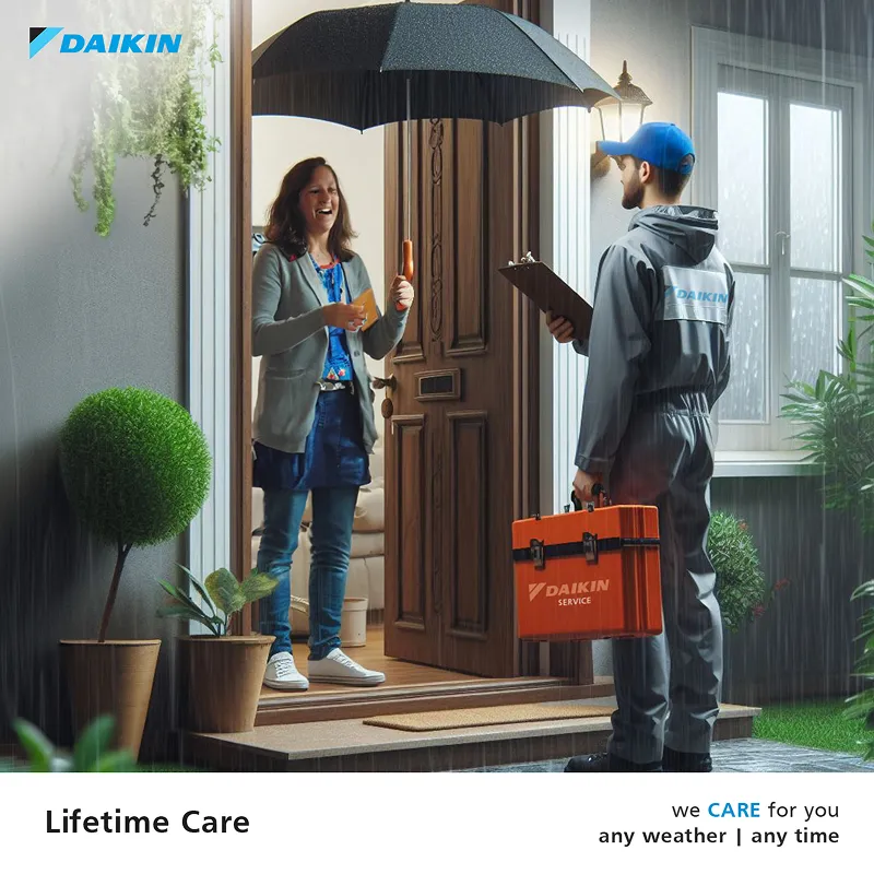 Home service technician holding an umbrella and toolkit while assisting a customer at the doorway