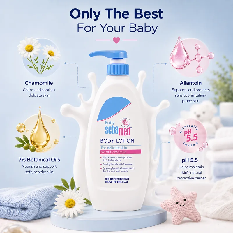 Baby body lotion bottle with chamomile, allantoin, botanical oil, and pH 5.5 benefit callouts