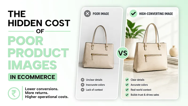 Comparison graphic showing poor product image versus high-converting product image for an ecommerce handbag