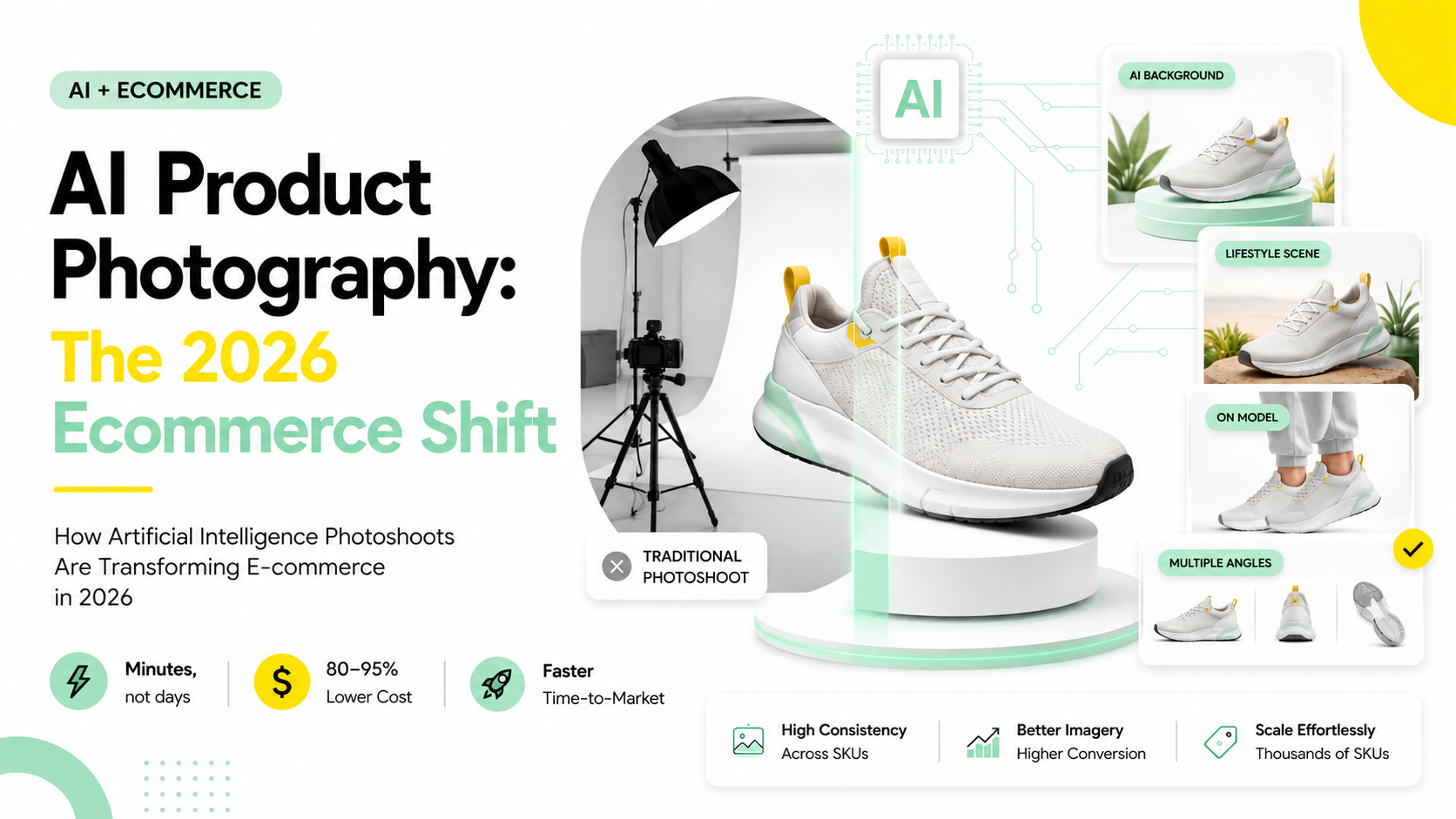 AI product photography concept showing a traditional photoshoot evolving into AI-generated ecommerce product images with faster production, lower costs, and scalable visual content