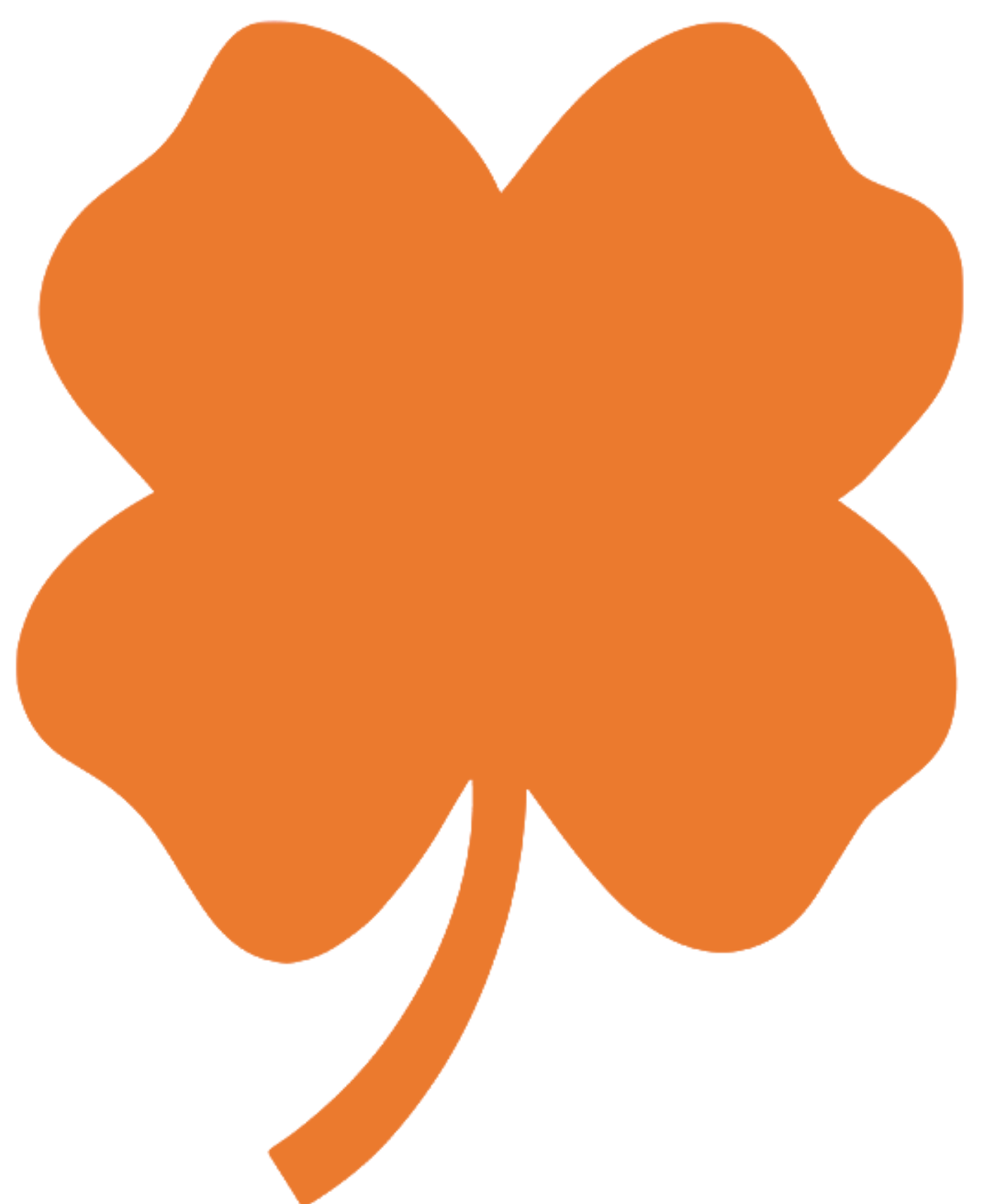 Solid orange four-leaf clover silhouette on a transparent background.