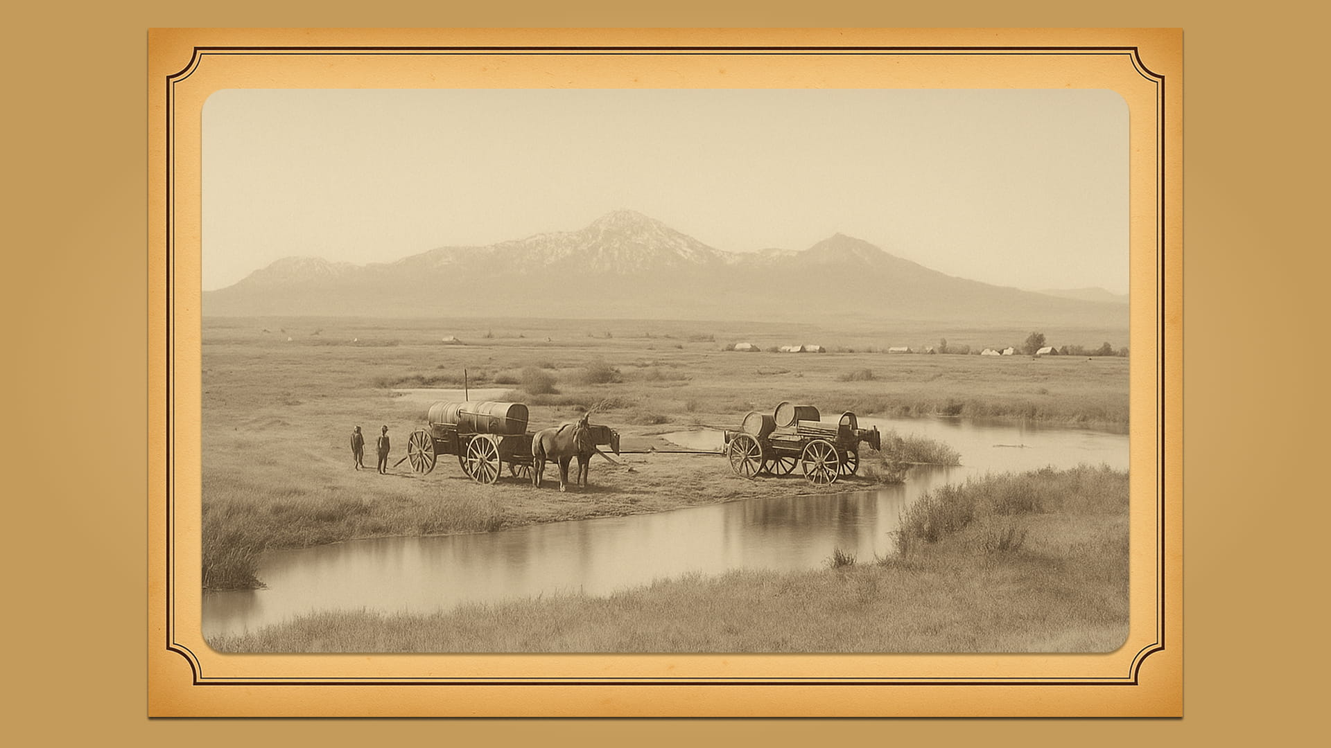 Historic photo of water wagons and horses along a creek on the Wyoming frontier with mountains near Cheyenne in the distance.