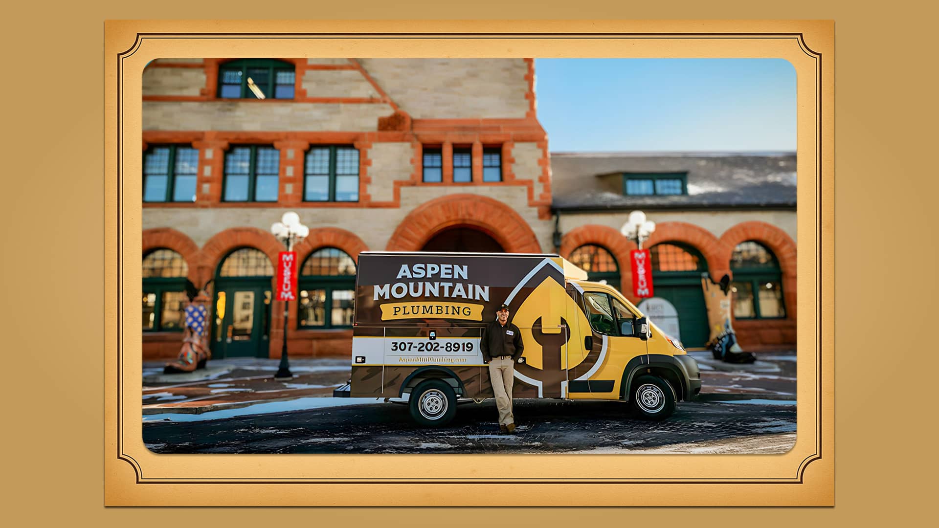 Travis James, of Aspen Mountain Plumbing, standing beside the company van in front of the Wyoming State Capitol in Cheyenne.
