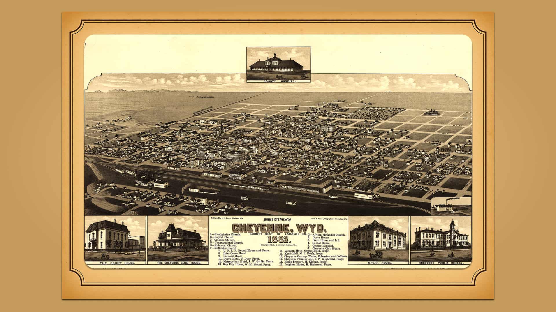 Detailed 1882 bird’s-eye map of Cheyenne, Wyoming, illustrating the city’s early development and infrastructure during its frontier-era growth.