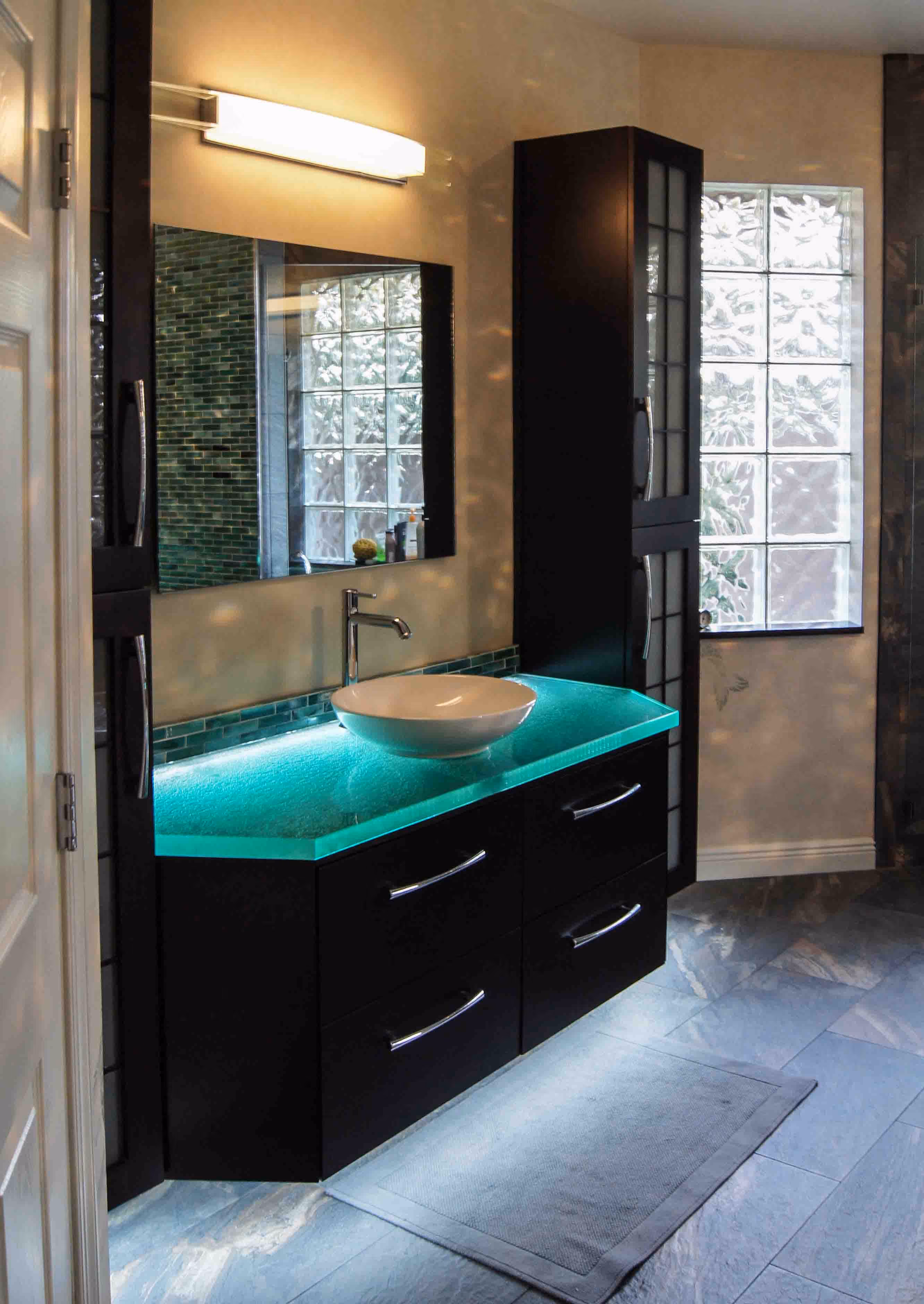 Glass bathroom vanity countertop with LED