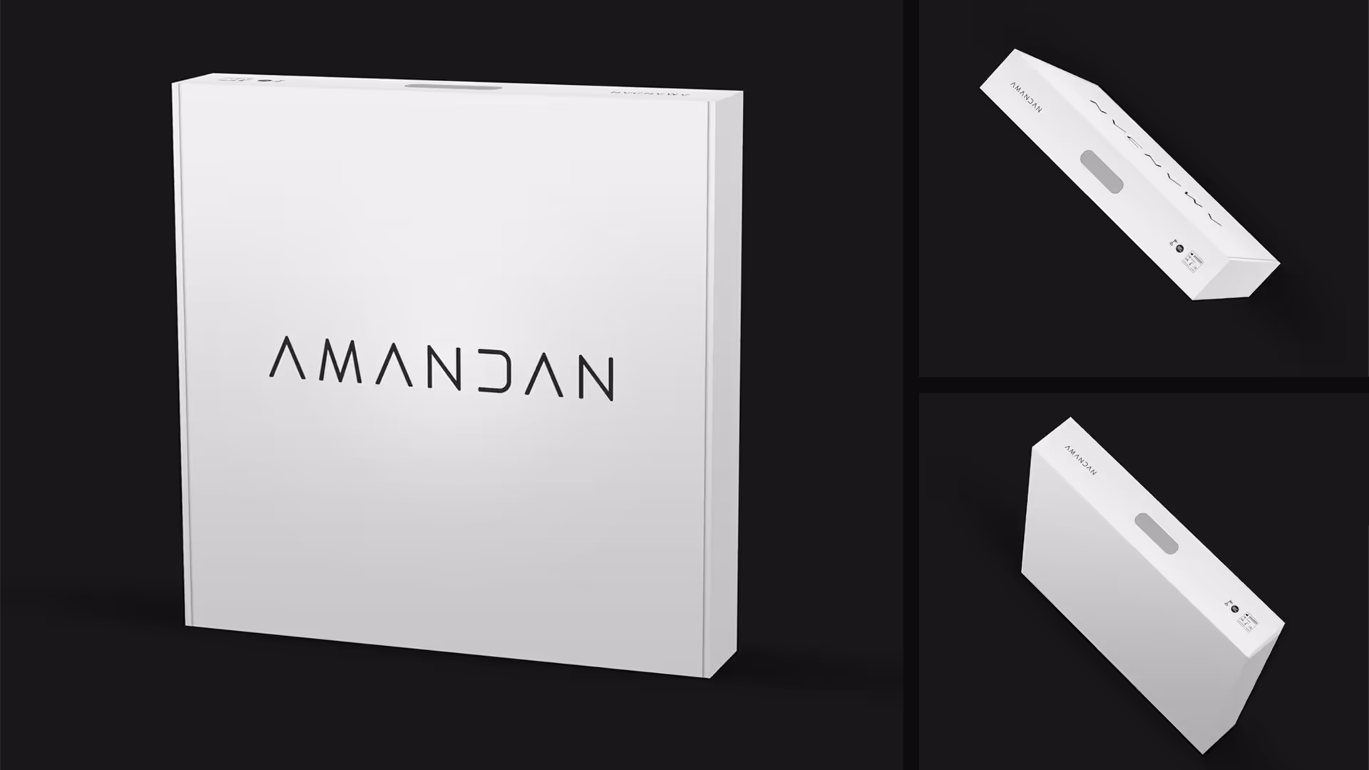 Valkoinen minimalistinen tuotepakkaus, jossa kannessa musta Amandan-logo.