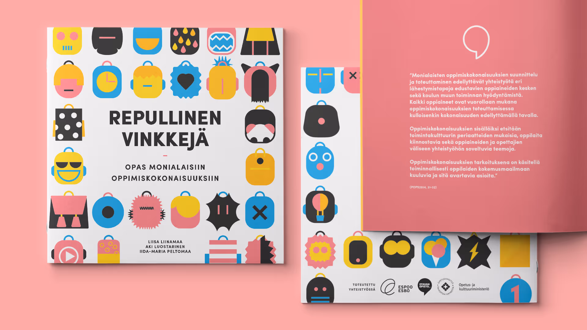 Oppaan etu- ja takakannet, sekä yksityiskohta taitosta.