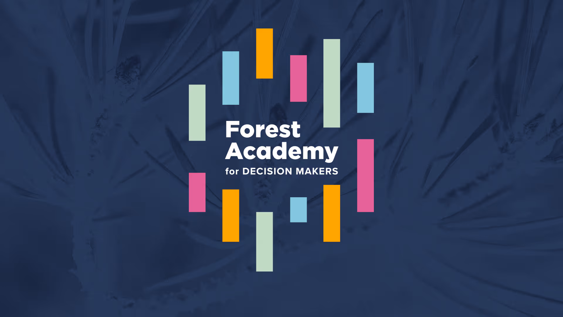Forest Academy -tapahtuman ilmeen värikäs logo tummansinisellä taustalla. Logo muodostuu värikkäistä puun runkoja ja revontulia muistuttavista pystypalkeista, jotka ympäröivät tapahtuman nimeä.