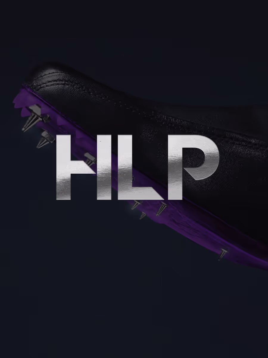 Tyylitelty HLP-logo hopeisena tummalla taustalla.