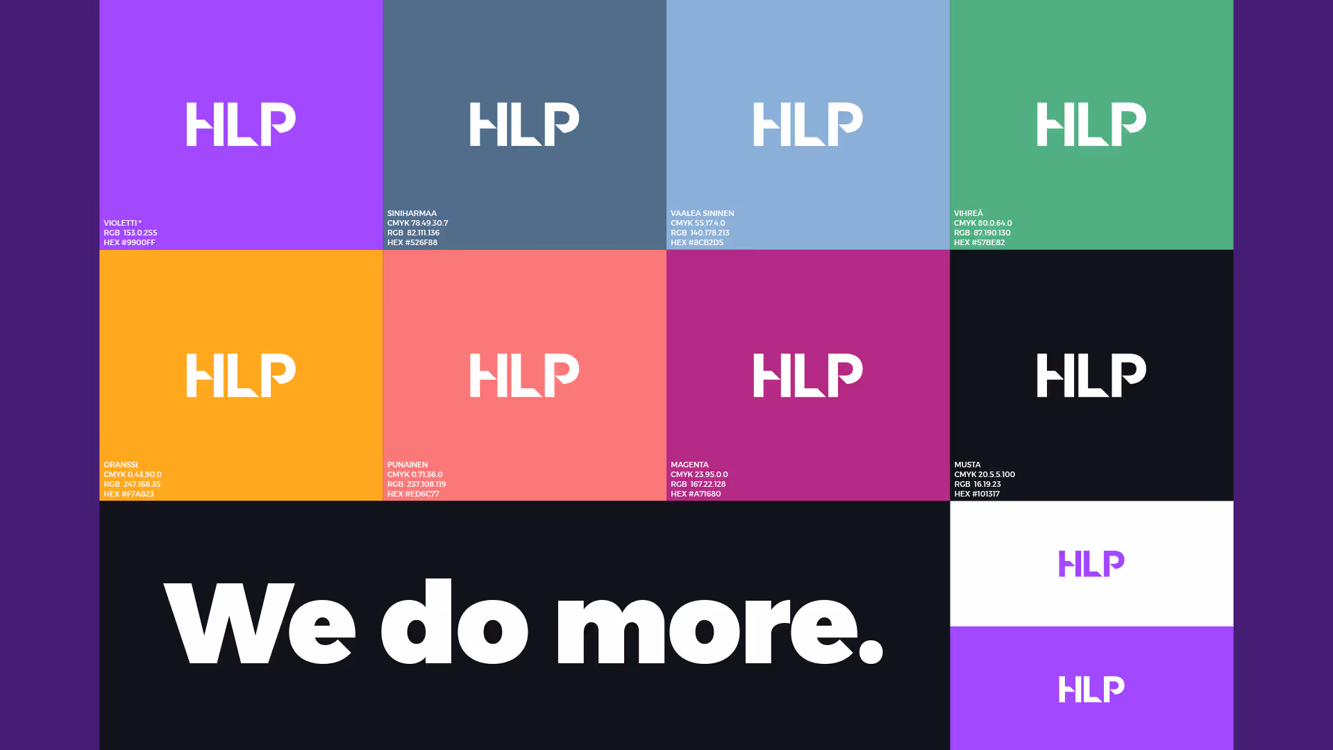 HLP-logoja ja visuaalisen ilmeen väripalettia.