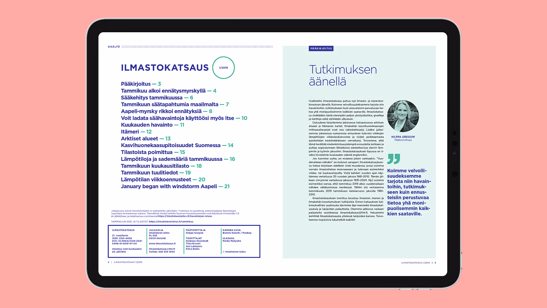 Aukeamanäkymä sisällysluettelosta ja pääkirjoituksesta.