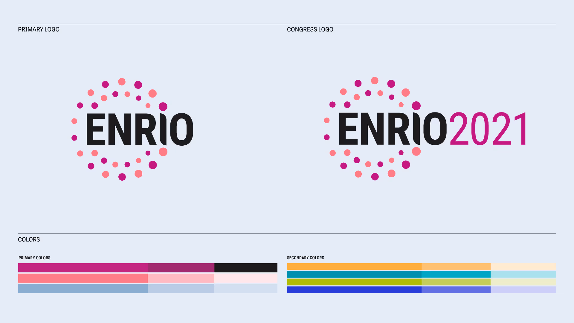 Enrio-tunnus ja Enrio2021-tapahtuman tunnus, sekä visuaalisen ilmeen väripaletti.