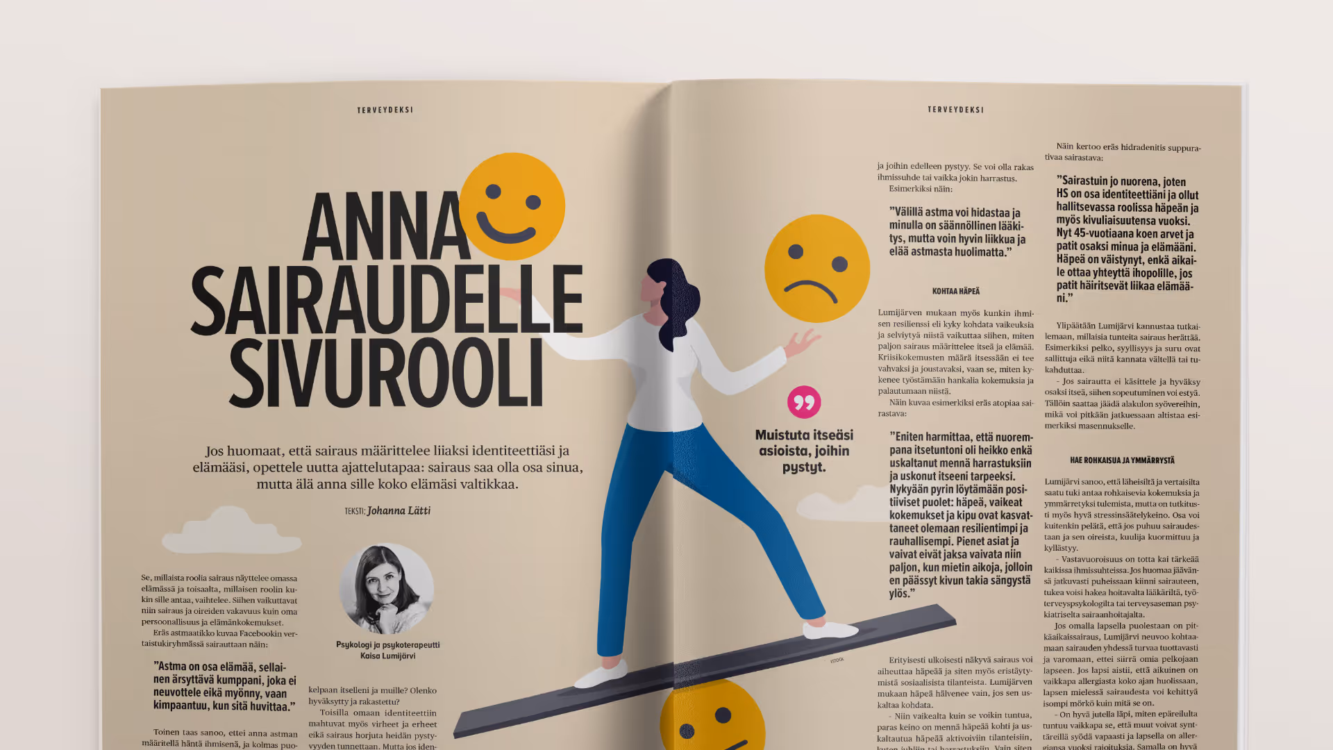 Kuvitetun jutun taittoa aukeamalla.