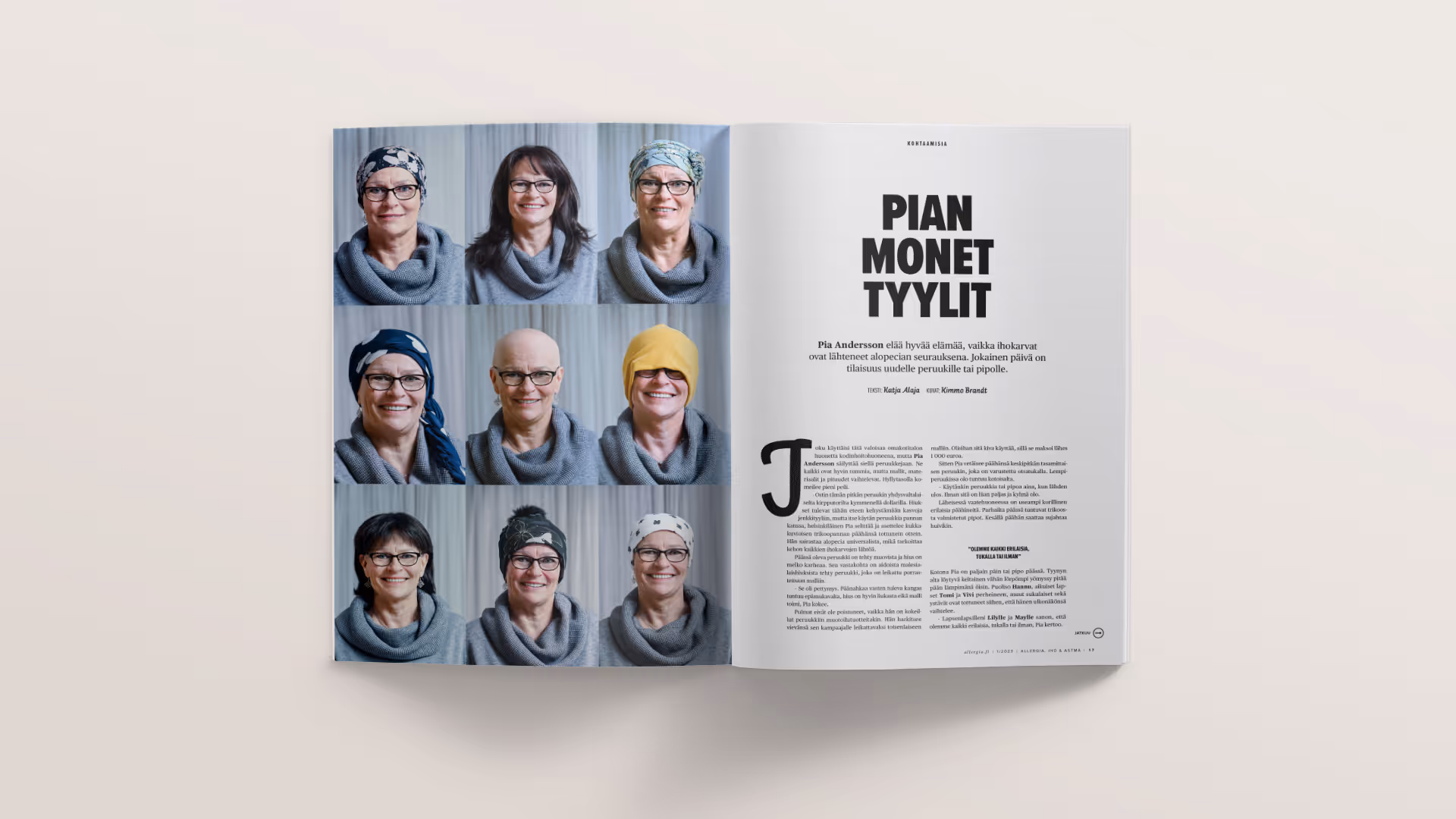 Pääjutun ulkoasumalli, jossa vasemmalla sivulla on iso kuva ja oikealla pääotsikko ja tekstiä. Otsikko on iso ja kirjotettu versaalein. Juttu alkaa isolla skriptimäisellä anfangilla.