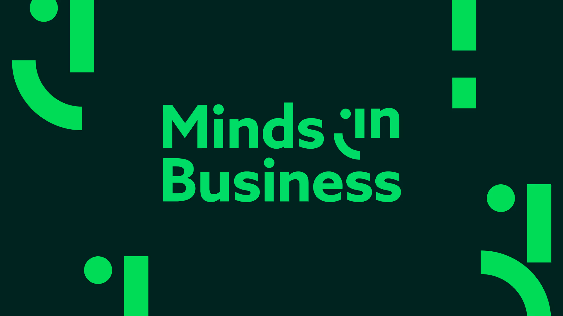 Kirkkaanvihreät Minds in Business -visuaalisen ilmeen logo ja tunteita ilmeisevat piktogrammit sommiteltuna tummanvihreälle taustalle.